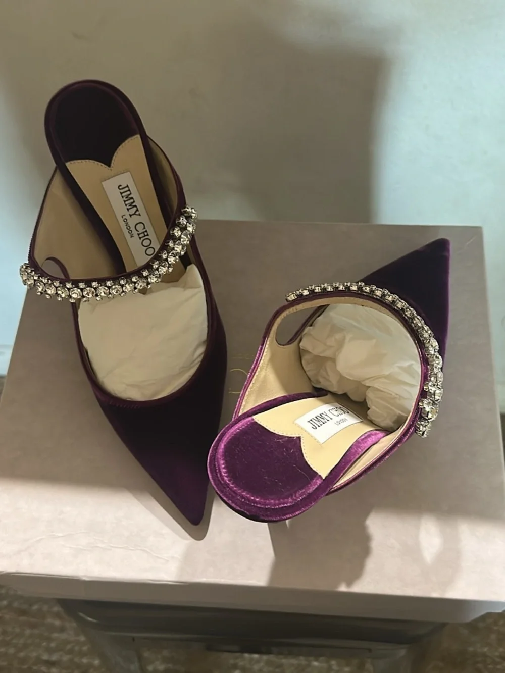 Jimmy Choo Purple Velvet Crystal-Strap Stiletto Mules